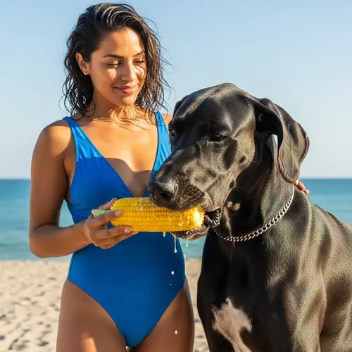 Hispanic Female in Blue Swimsuit with Great Dane