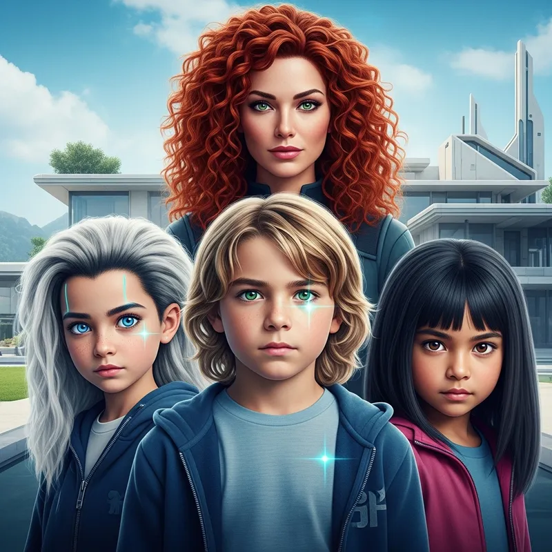 Futuristic Family Poster: Boy, Girls & Woman with Unique Features