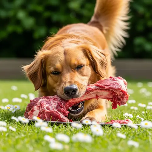 Lively Canine Enjoying Meat Bone in Sunny Backyard