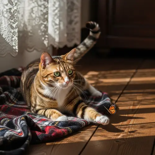 Medium Sized Cat with Green Eyes on Tartan Blanket