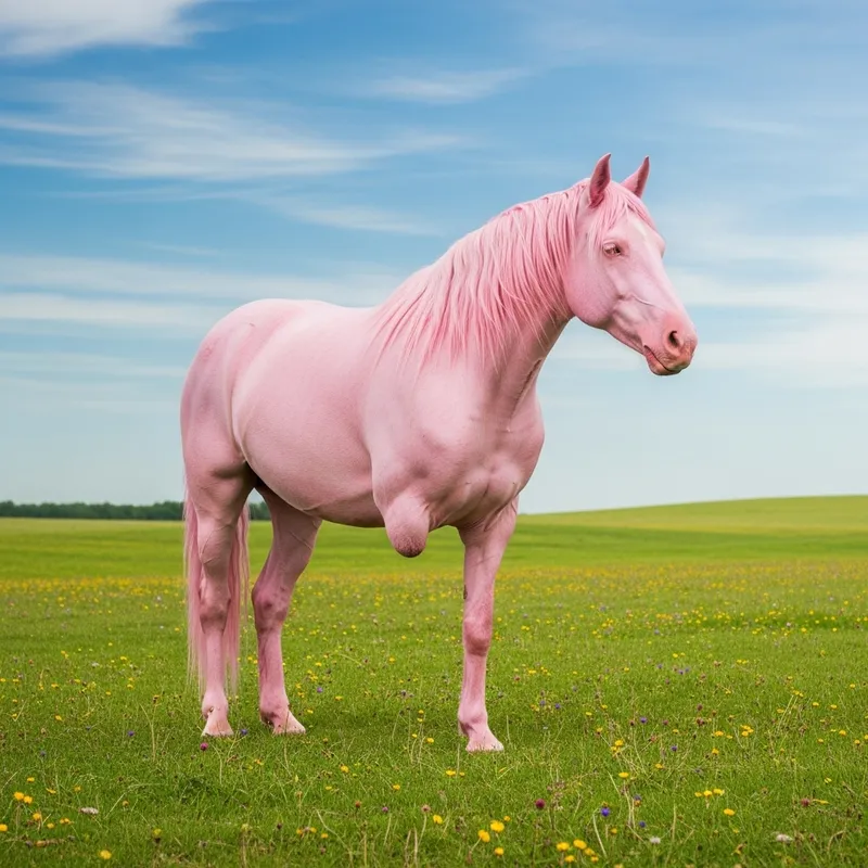Rare Two-Legged Pink Horse Grazing in Green Fields