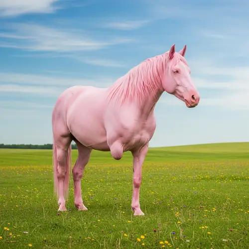 Unique Two-Legged Pink Horse in Verdant Fields