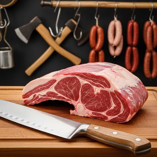 Premium Donkey Meat Cuts on Wooden Board | Butcher Shop Delicacy