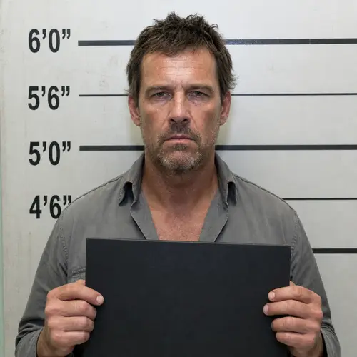 Realistic Police Mugshot of Rugged Middle-Aged Man