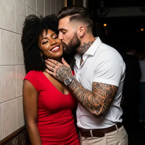 Radiant African-American Woman in Red Dress Kissed by Italian-American Husband