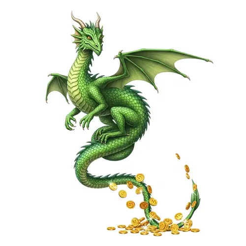 Vibrant Green Dragon with Hanging Tail and Golden Coins