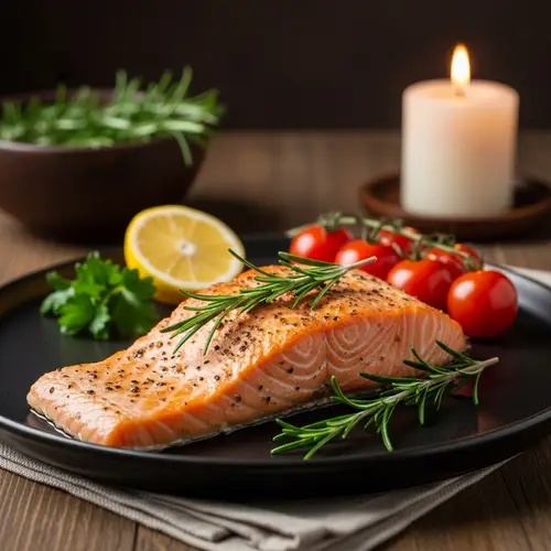 Sumptuous Salmon Steak with Fresh Rosemary and Juicy Tomatoes