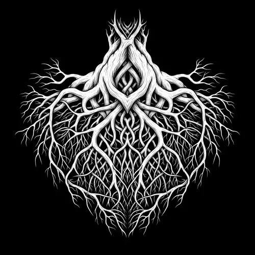 Intricately Detailed Symmetrical Tree Root System in Monochromatic White-On-Black
