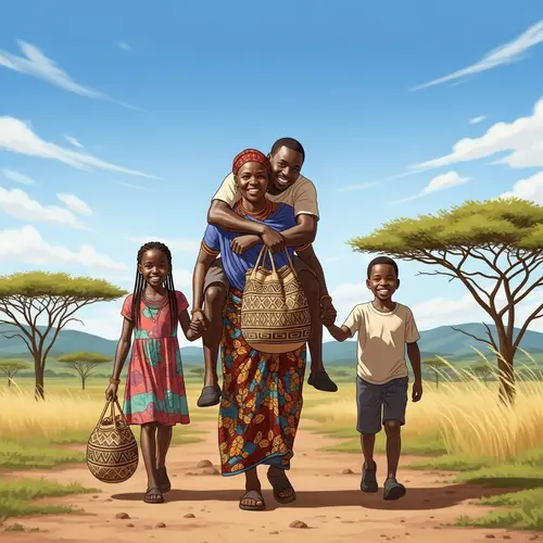 African Woman Carrying Husband and Children in Vibrant Landscape