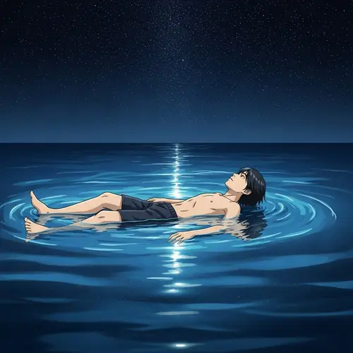 Solitude Under the Starry Sky: Ukiyo-e Inspired Asian Man in Ocean