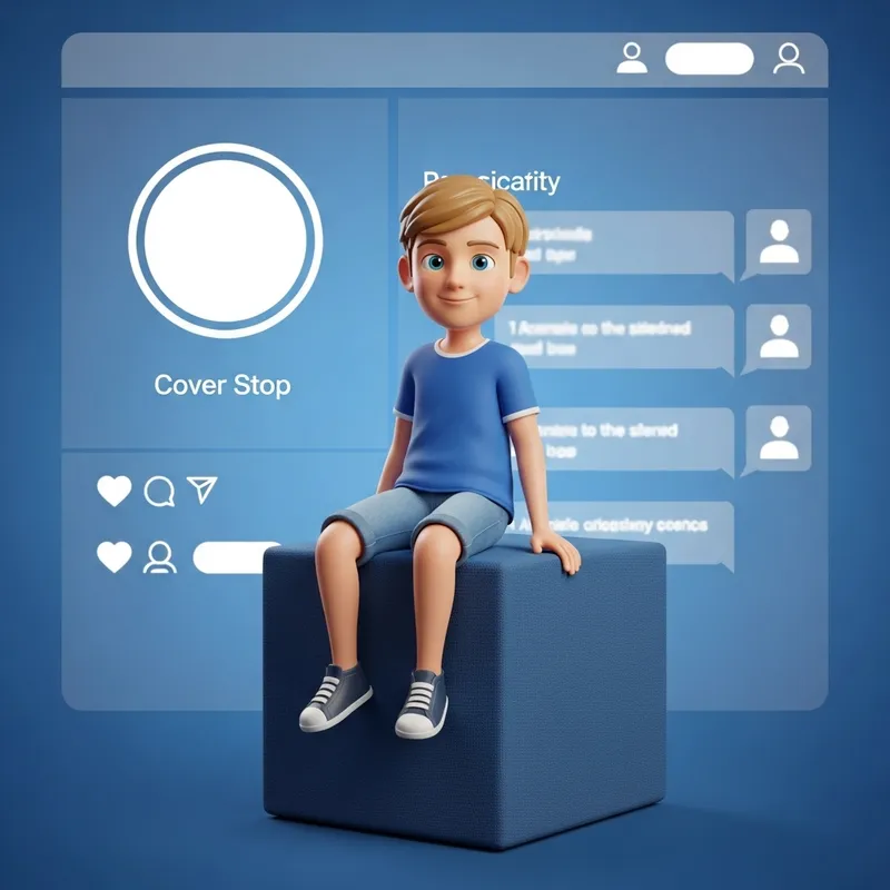 Cute 3D Boy Sitting on Box with Facebook Profile in Background
