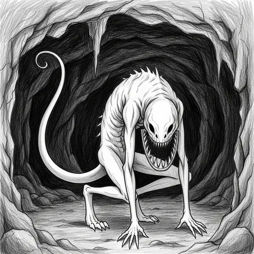 Monochromatic Creature in Cave with Bear Trap Mouth - Pencil Sketch