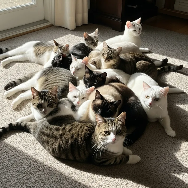 Playful Cat Group on Cozy Carpet | Diverse Feline Pack