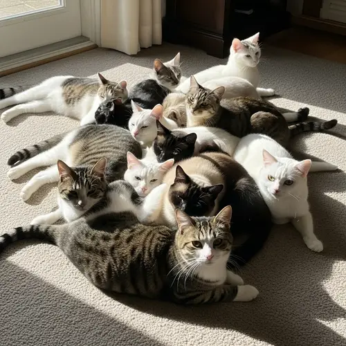 Diverse Cat Package on Plush Carpet | Playful Feline Group