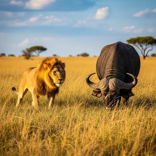 Lion Preying on Wild Buffalo in Grasslands