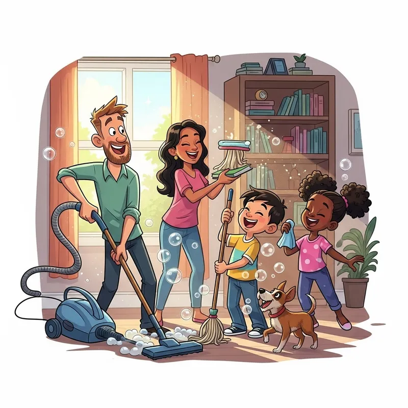 Vibrant Family Cleaning Scene with Joy & Enthusiasm Vibrant Family Cleaning Scene with Joy & Enthusiasm