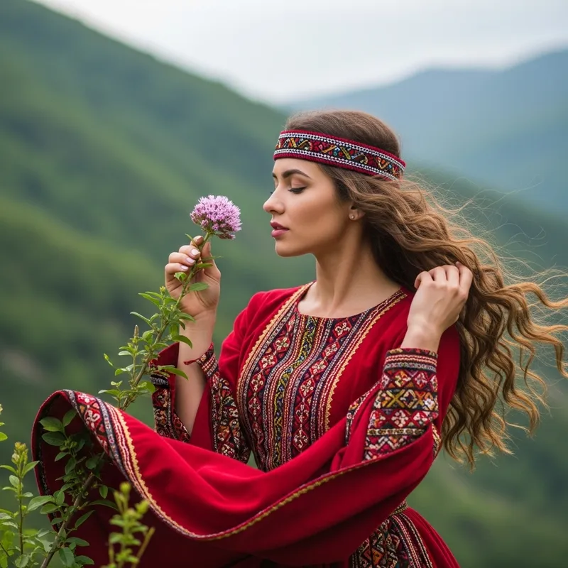 Beautiful Armenian Girl with Good Figure in Mountain Landscape