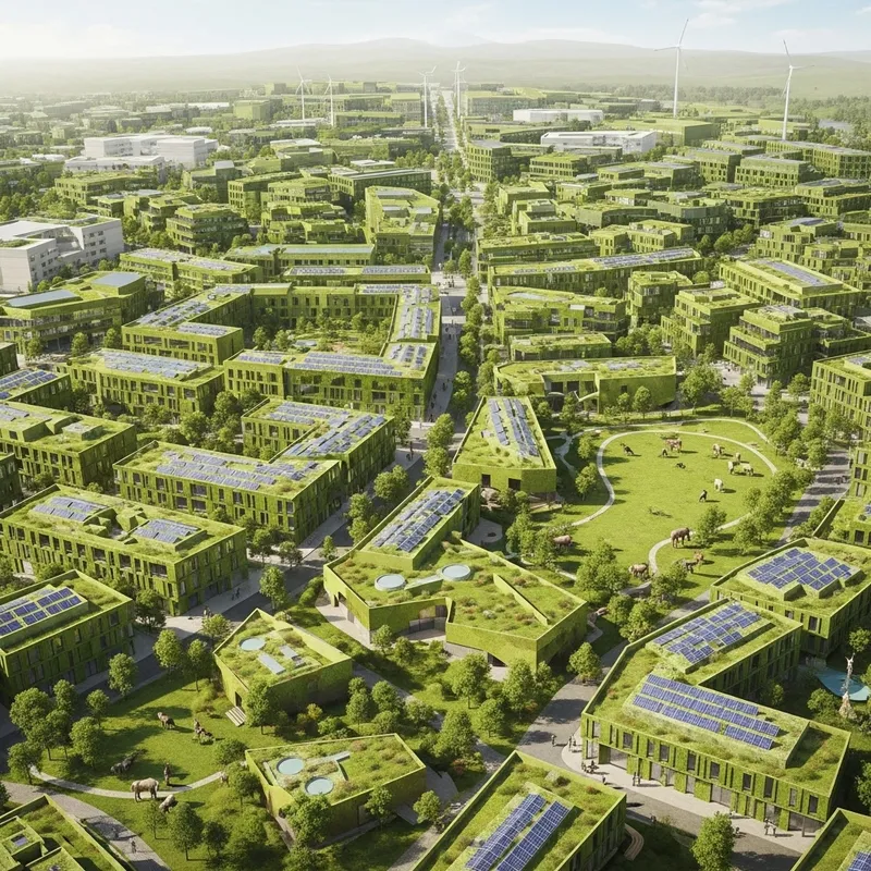 Sustainable Town Design: Vegetation Buildings, Solar Panels & Green Parks Sustainable Town Design: Vegetation Buildings, Solar Panels & Green Parks