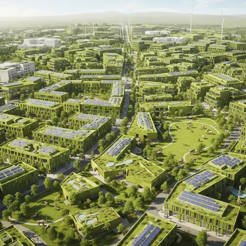 Sustainable Town Design: Green Buildings, Solar Panels & Parks