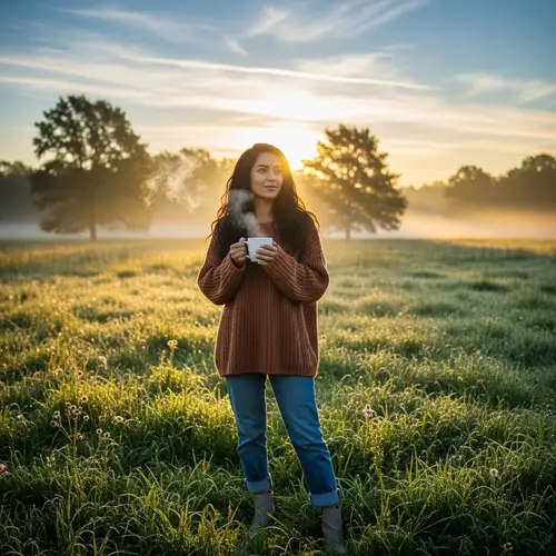 Serene Hispanic Woman Enjoying Coffee in Nature