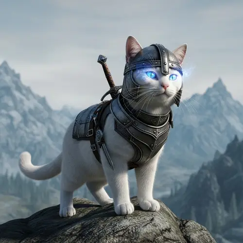 Fantasy Warrior Cat in Snow-White Fur - Magical Skyrim-Inspired Feline