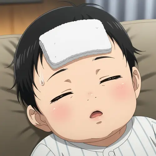 Sleeping Black-Haired Anime Baby | Damp Cloth on Forehead