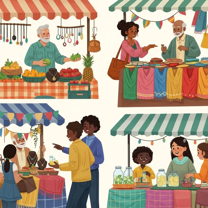 Multicultural Marketplace: Fruits, Jewelry, Textiles & Business