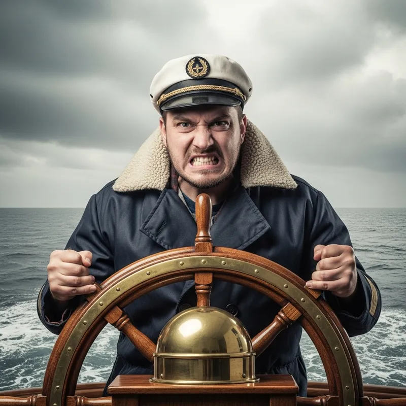 Aggressive Seafarer Steering Ship in Stormy Seas