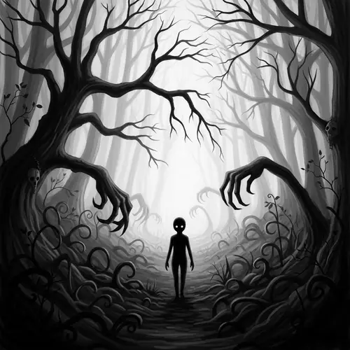 Enchanting Yet Eerie Character in Shadow-Filled Forest | Artistic Symbolism