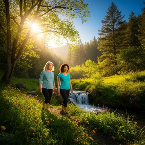 Artistic Image: Two Mature Women in Leggings Wandering in a Lush Forest with Small Waterfall