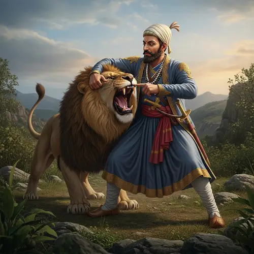 Chh. Sambhaji Maharaj Engaging in Battle with Lion - Maratha Empire