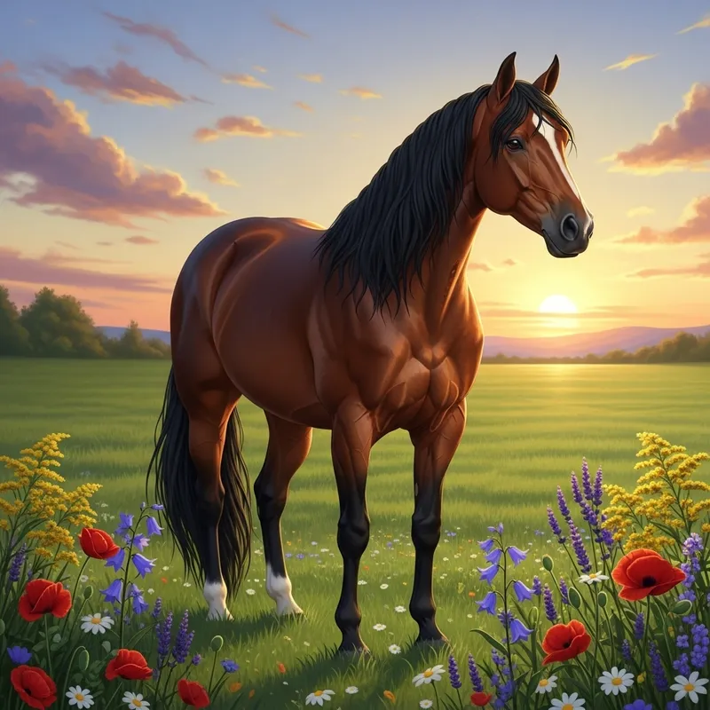 Majestic Horse in Lush Green Field | Stunning Sunset Scene