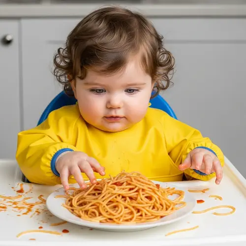 Joyful Baby with Spaghetti - Mealtime Fun