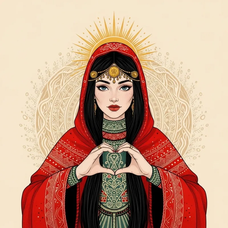 Ancient Slavic Mythology: Mara in Red Cloak Showing Heart Symbol