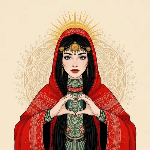 Ancient Slavic Mythology Art: Woman in Red Cloak Forming Heart Shape