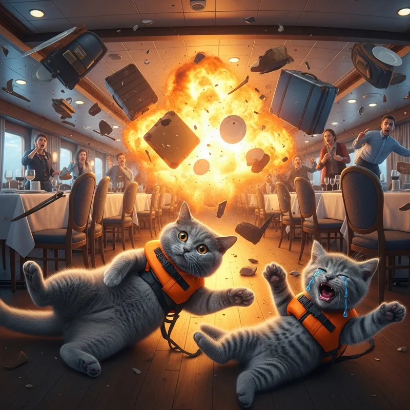 Dramatic Ship Dining Room Explosion with Crying Cats