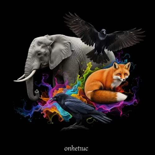 Abstract Animals Art: Elephant, Fox, Raven in Swirling Colors