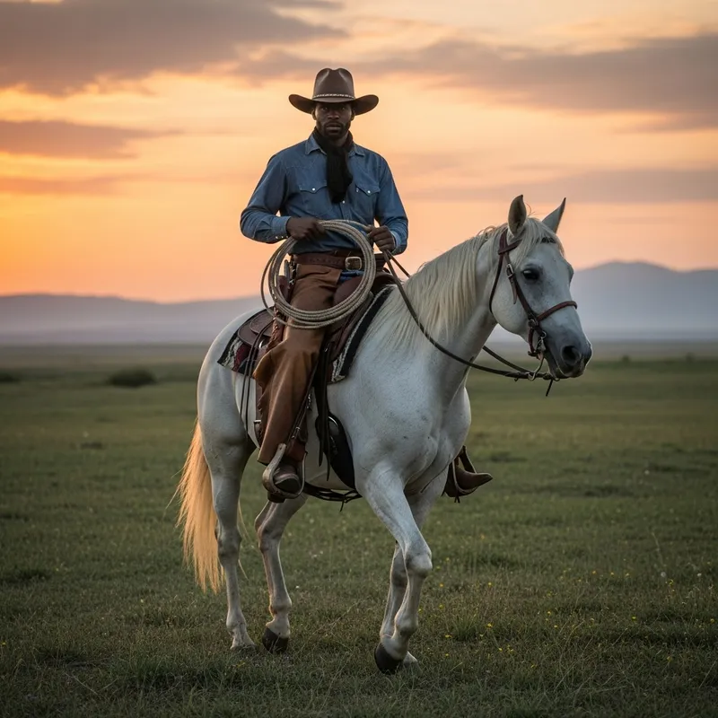 Black Male Cowboy Riding White Stallion in the Old West - Classic Scene