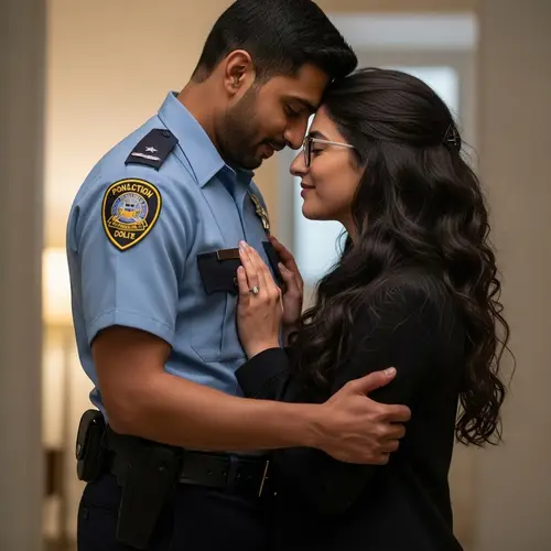 Intimate Moment of Kissing Couple in BJMP Delta Uniform and Eyeglass-Wearing Woman