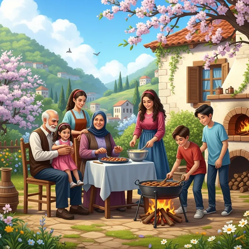 Joyful Levantine Family Celebrating New Year with Homemade Desserts