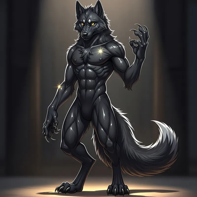 Captivating Black Fur Anthropomorphic Wolf