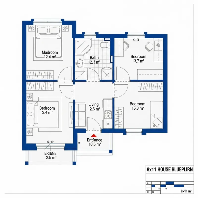 Two-Bedroom 9x11 House Plan with Bathroom Design