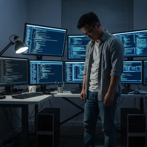 Dedicated East Asian Programmer in Disheveled Workspace