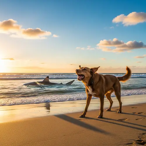 Brown Dog Barking at Shark on Beach - Dramatic Sunset Scene