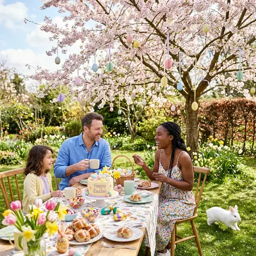 Peaceful Easter Sunday Gathering Under Cherry Blossom Tree
