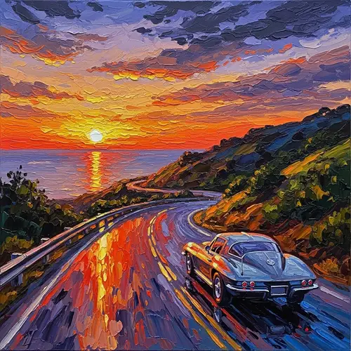 Vibrant Sunset Car Drive Oil Painting