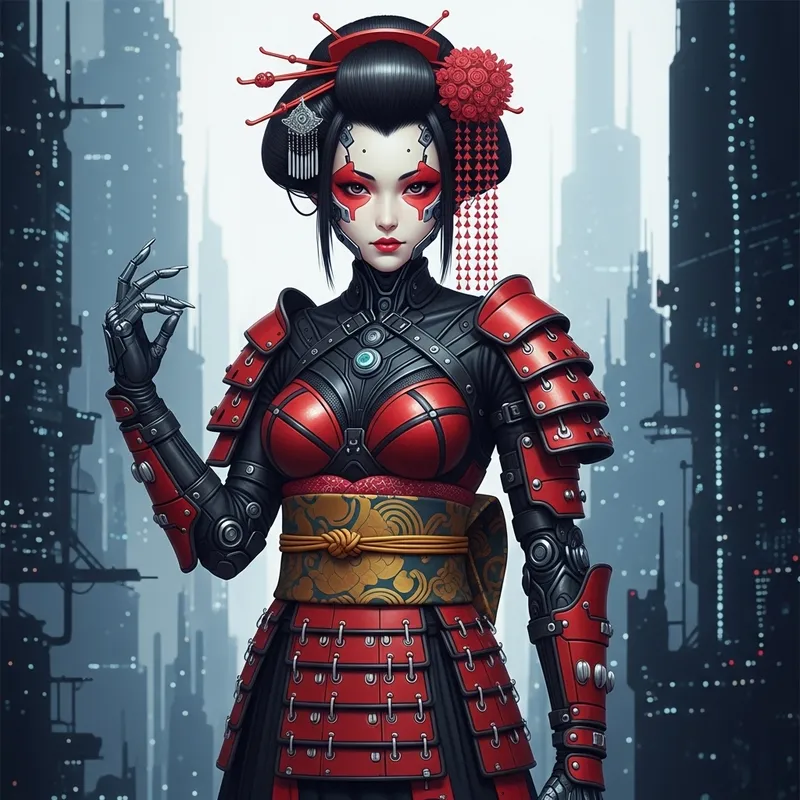 Geisha Cyborg Girl in Futuristic Leather Armor Inspired by 'Blame!' in High Contrast Red & Black