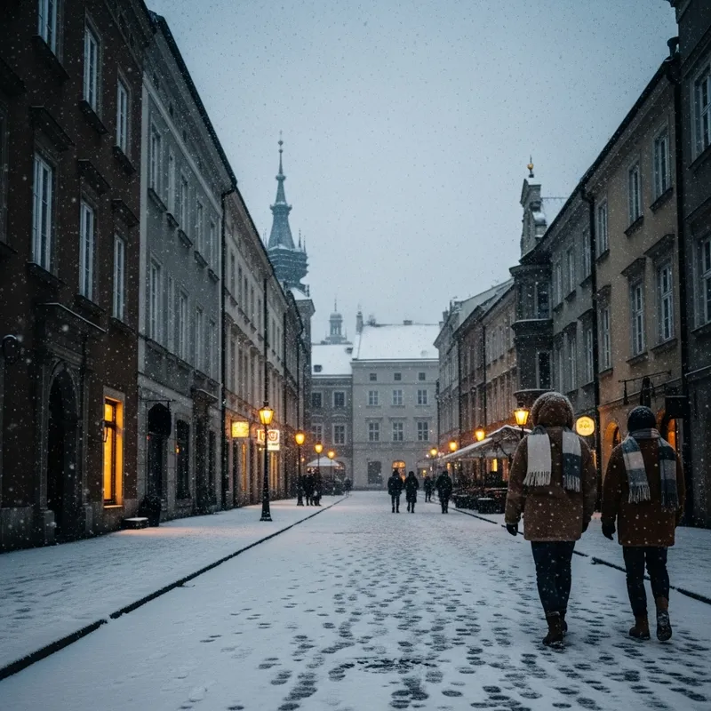 Moody Winter Street Scene in Krakow | Snow-Covered Evening