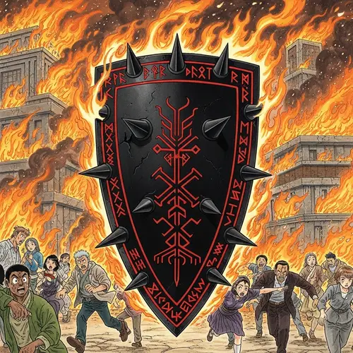 Black Shield with Flaming Spikes and Runic Engravings