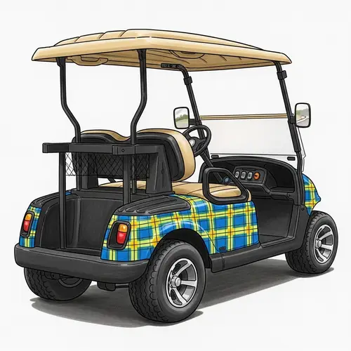 Plaid-Patterned Four-Passenger Rear-Facing Golf Cart | Blue & Yellow Design